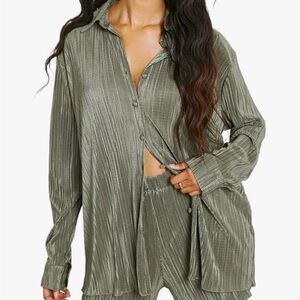 Olive Green Relaxed Button-Down Top and Pants Set